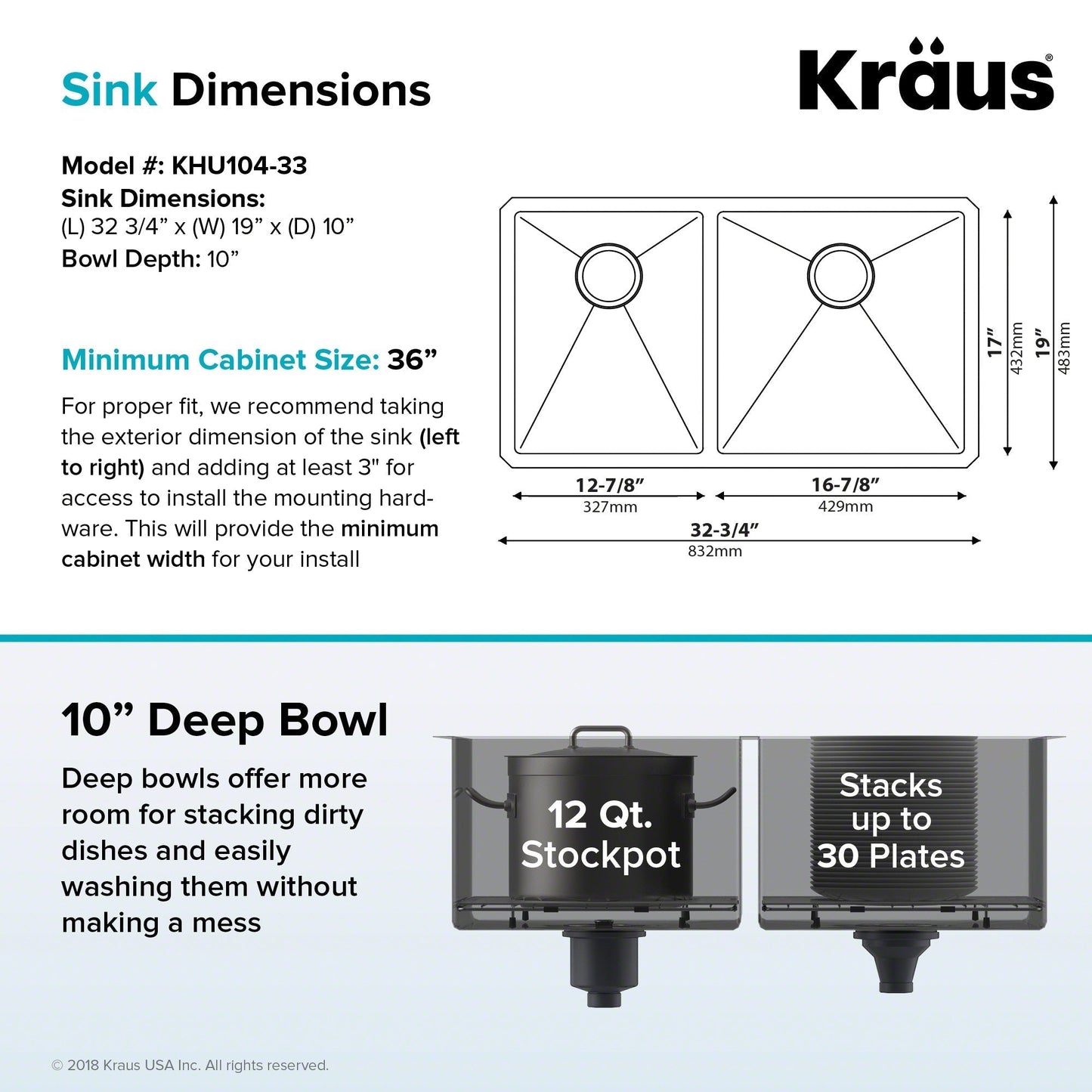 KRAUS 33" Undermount 40/60 Double Bowl 16 Gauge Stainless Steel Kitchen Sink with NoiseDefend Soundproofing - KHU104-33