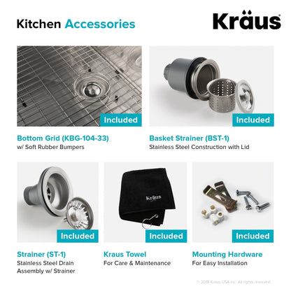 KRAUS 33" Undermount 40/60 Double Bowl 16 Gauge Stainless Steel Kitchen Sink with NoiseDefend Soundproofing - KHU104-33