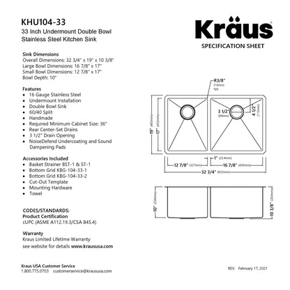 KRAUS 33" Undermount 40/60 Double Bowl 16 Gauge Stainless Steel Kitchen Sink with NoiseDefend Soundproofing - KHU104-33