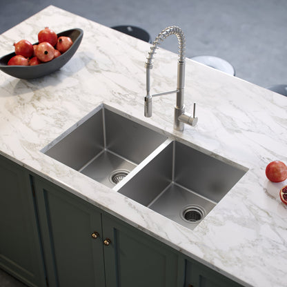 KRAUS 33" Undermount 50/50 Double Bowl 16 Gauge Stainless Steel Kitchen Sink with NoiseDefend Soundproofing - KHU102-33