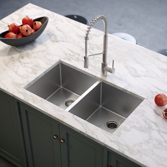 KRAUS 33" Undermount 50/50 Double Bowl 16 Gauge Stainless Steel Kitchen Sink with NoiseDefend Soundproofing - KHU102-33