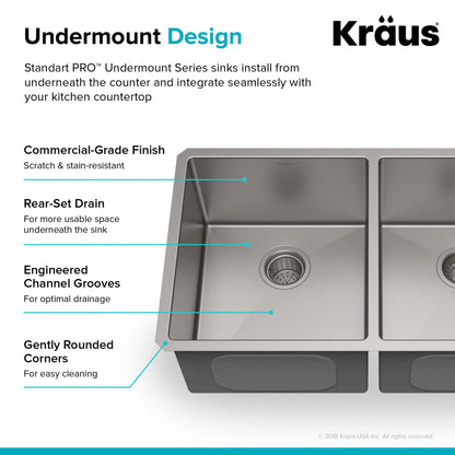 KRAUS 33" Undermount 50/50 Double Bowl 16 Gauge Stainless Steel Kitchen Sink with NoiseDefend Soundproofing - KHU102-33