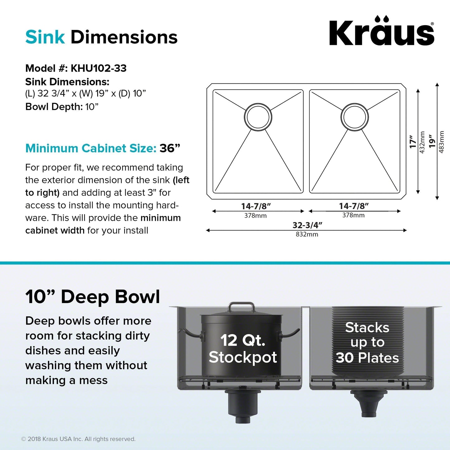 KRAUS 33" Undermount 50/50 Double Bowl 16 Gauge Stainless Steel Kitchen Sink with NoiseDefend Soundproofing - KHU102-33