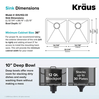 KRAUS 33" Undermount 50/50 Double Bowl 16 Gauge Stainless Steel Kitchen Sink with NoiseDefend Soundproofing - KHU102-33
