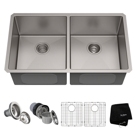 KRAUS 33" Undermount 50/50 Double Bowl 16 Gauge Stainless Steel Kitchen Sink with NoiseDefend Soundproofing - KHU102-33