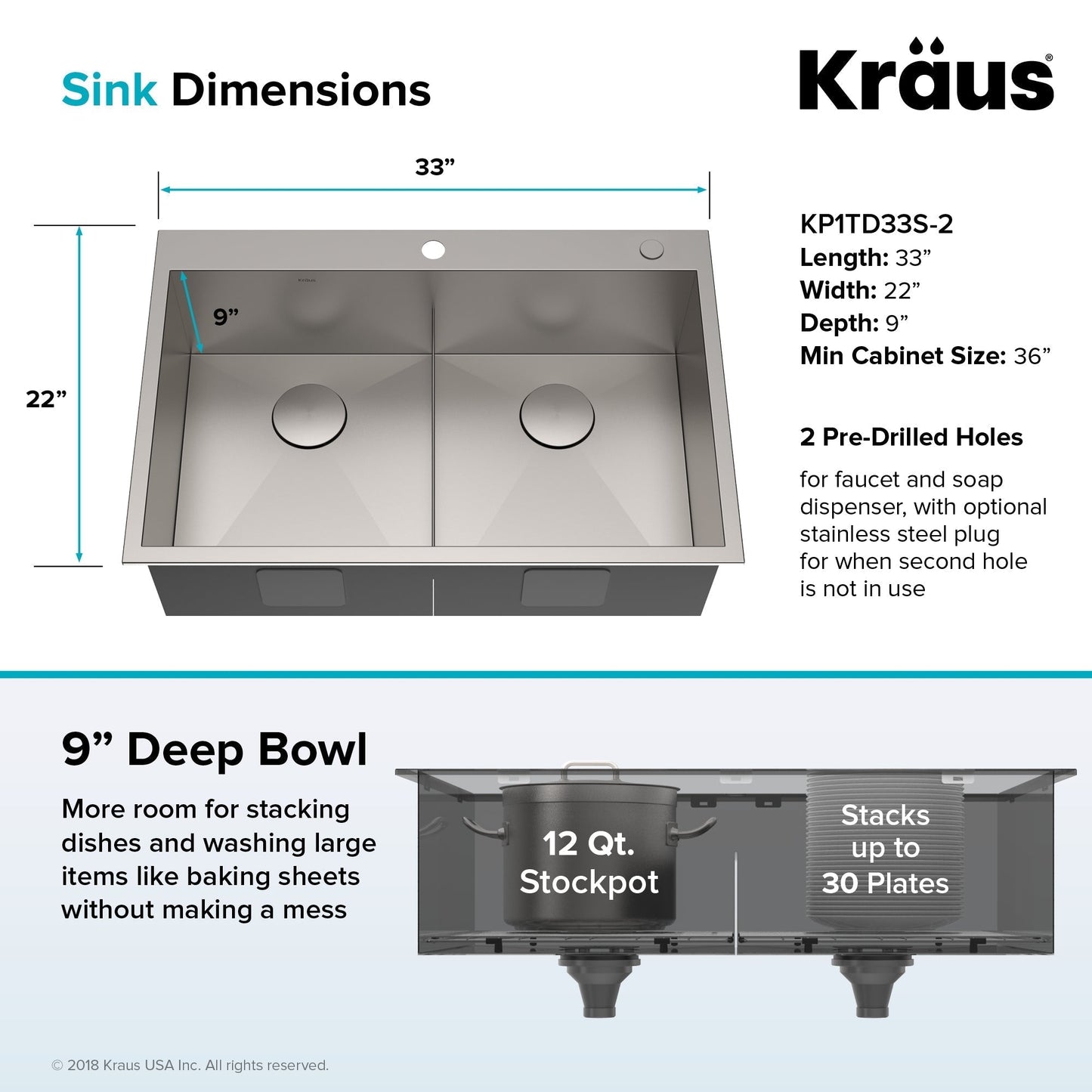 KRAUS 33" x 22" Pax Drop-In Topmount Zero-Radius Double Bowl Stainless Kitchen Sink - KP1TD33S-2