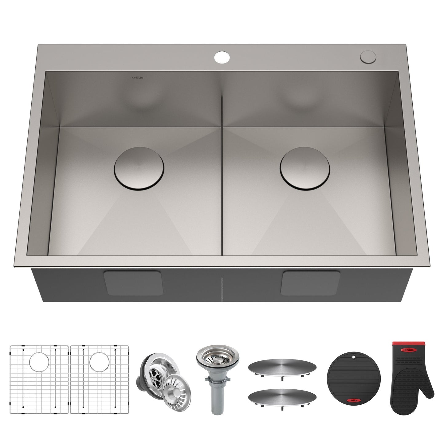 KRAUS 33" x 22" Pax Drop-In Topmount Zero-Radius Double Bowl Stainless Kitchen Sink - KP1TD33S-2