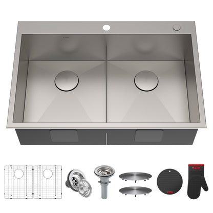 KRAUS 33" x 22" Pax Drop-In Topmount Zero-Radius Double Bowl Stainless Kitchen Sink - KP1TD33S-2
