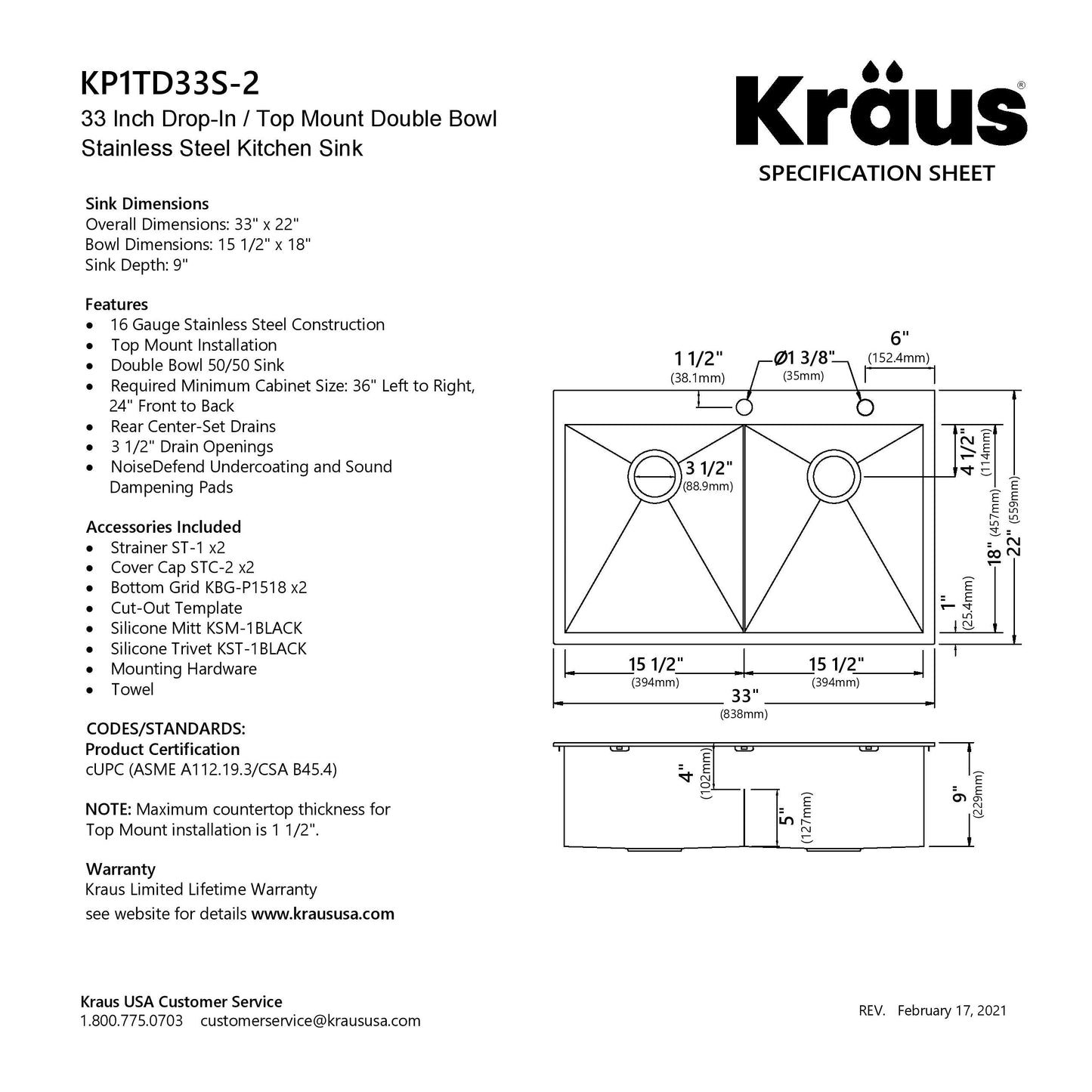 KRAUS 33" x 22" Pax Drop-In Topmount Zero-Radius Double Bowl Stainless Kitchen Sink - KP1TD33S-2