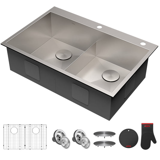 KRAUS 33" x 22" Pax Drop-In Topmount Zero-Radius Double Bowl Stainless Kitchen Sink - KP1TD33S-2