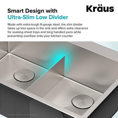 KRAUS 33 x 22 inch Standart PRO Drop-In 16 Gauge Double Bowl 2-Hole Stainless Steel Kitchen Sink - KHT302-33
