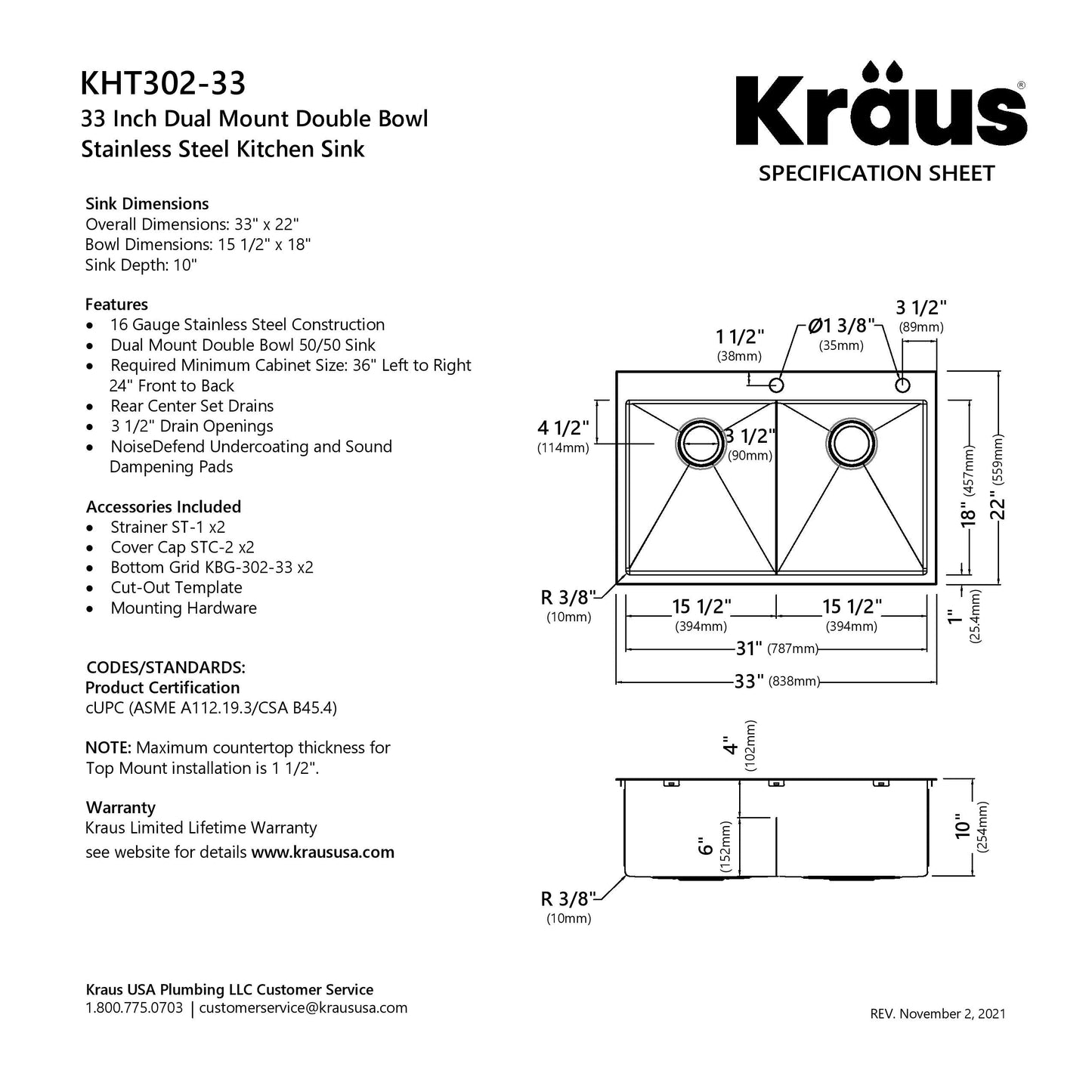 KRAUS 33 x 22 inch Standart PRO Drop-In 16 Gauge Double Bowl 2-Hole Stainless Steel Kitchen Sink - KHT302-33