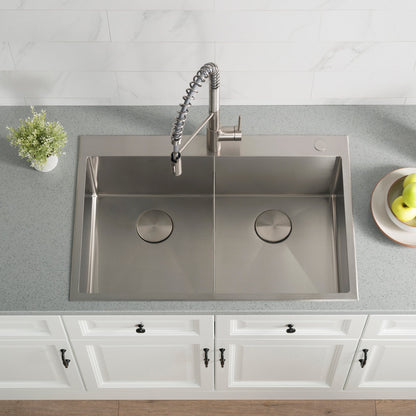KRAUS 33 x 22 inch Standart PRO Drop-In 16 Gauge Double Bowl 2-Hole Stainless Steel Kitchen Sink - KHT302-33