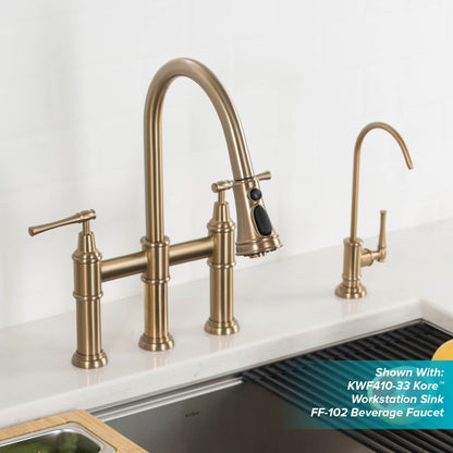 KRAUS Allyn Bridge Faucet with Pull-Down Sprayhead in Brushed Gold - KPF-3121BG