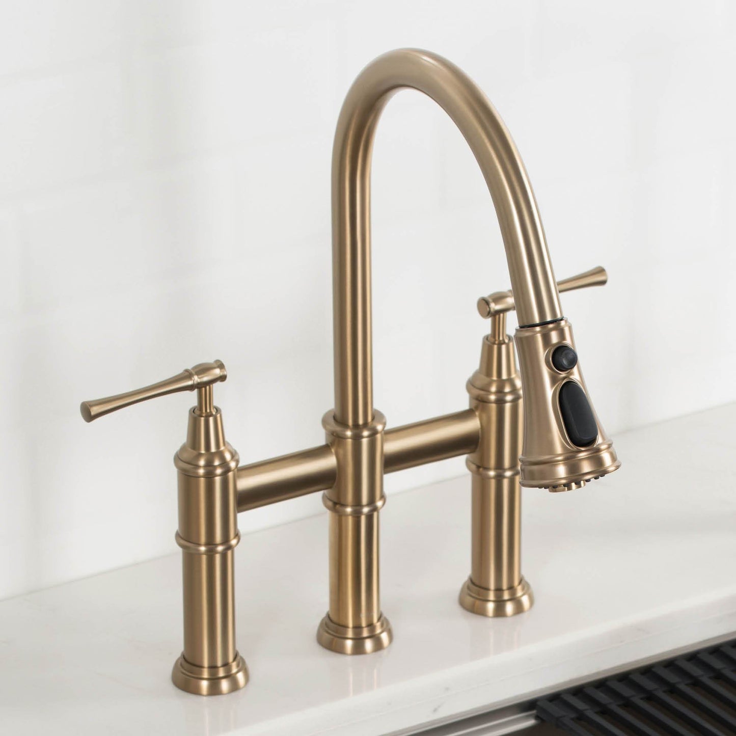KRAUS Allyn Bridge Faucet with Pull-Down Sprayhead in Brushed Gold - KPF-3121BG