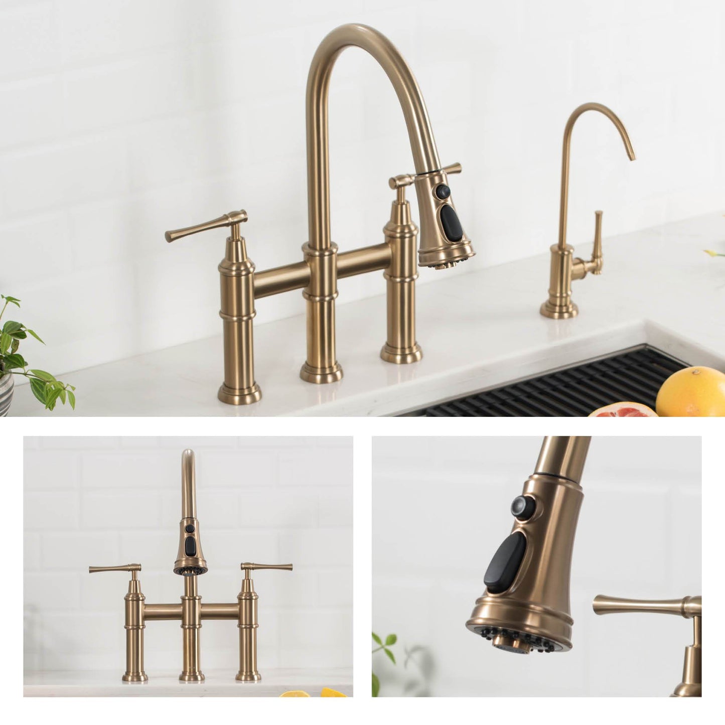 KRAUS Allyn Bridge Faucet with Pull-Down Sprayhead in Brushed Gold - KPF-3121BG