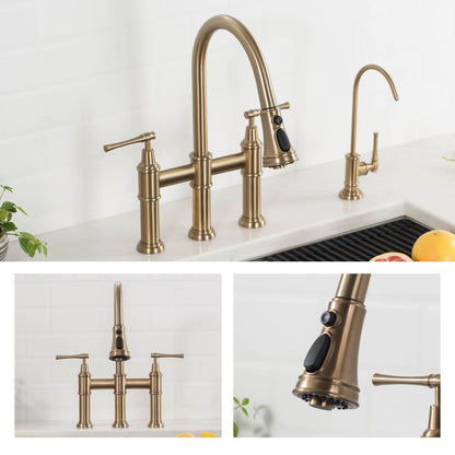 KRAUS Allyn Bridge Faucet with Pull-Down Sprayhead in Brushed Gold - KPF-3121BG