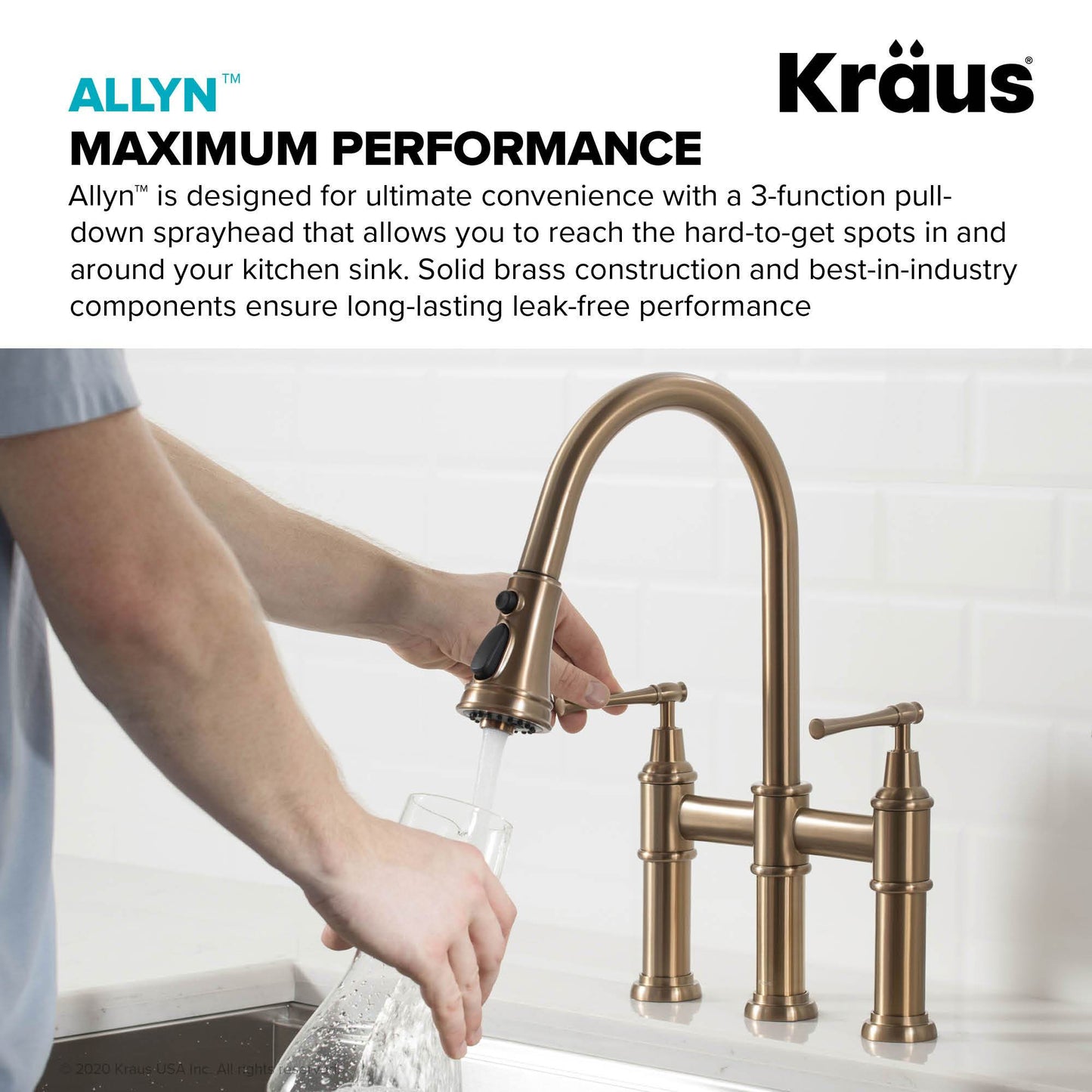 KRAUS Allyn Bridge Faucet with Pull-Down Sprayhead in Brushed Gold - KPF-3121BG