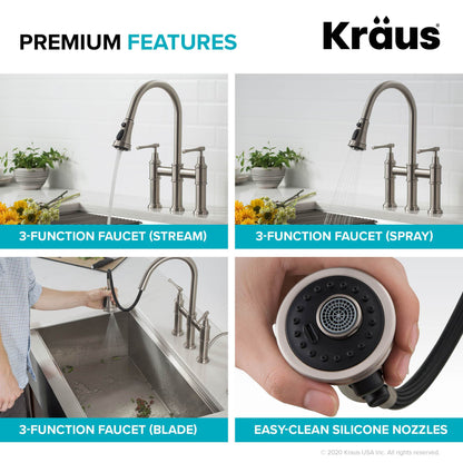 KRAUS Allyn Bridge Faucet with Pull-Down Sprayhead in Brushed Gold - KPF-3121BG
