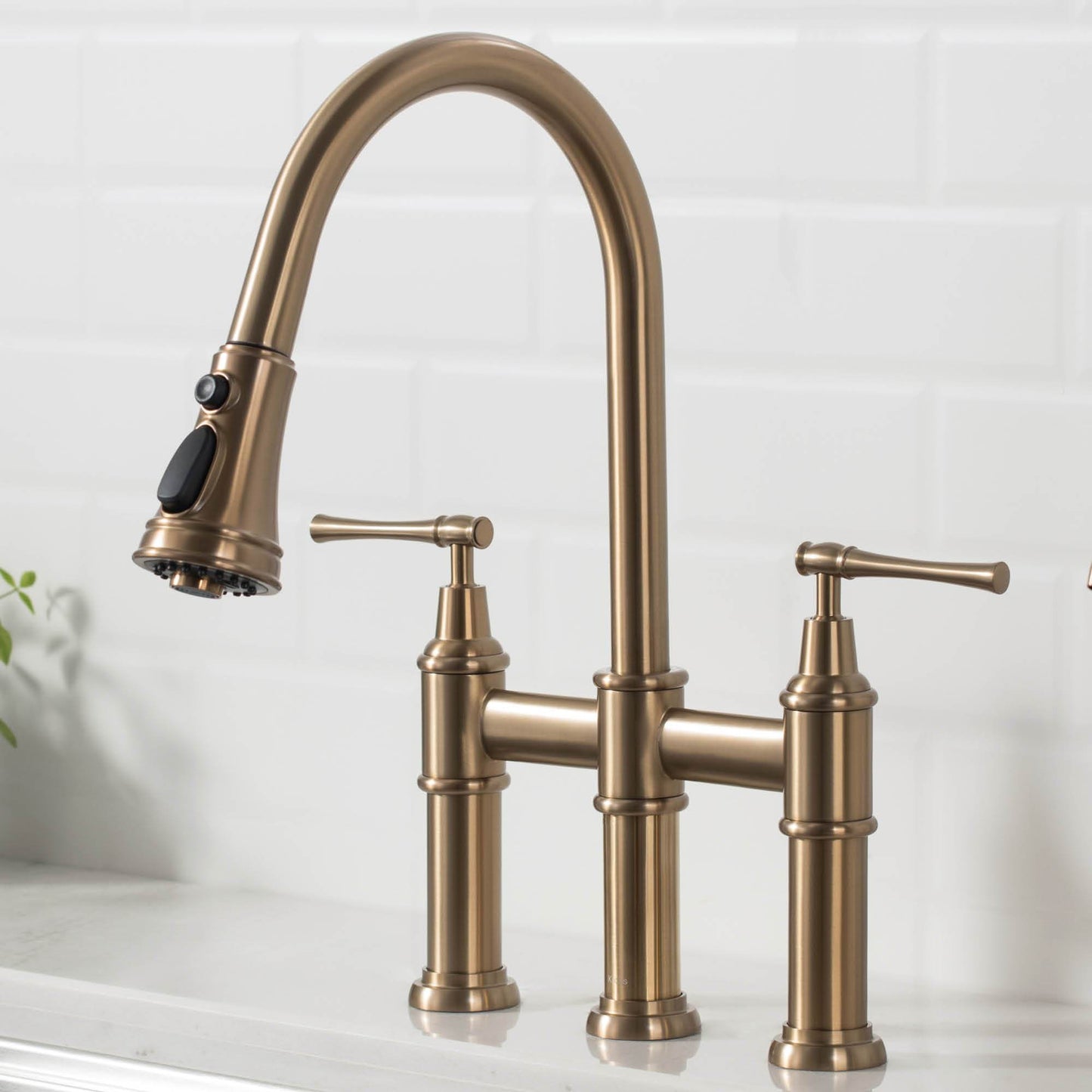 KRAUS Allyn Bridge Faucet with Pull-Down Sprayhead in Brushed Gold - KPF-3121BG