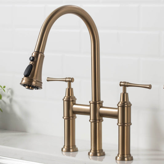 KRAUS Allyn Bridge Faucet with Pull-Down Sprayhead in Brushed Gold - KPF-3121BG