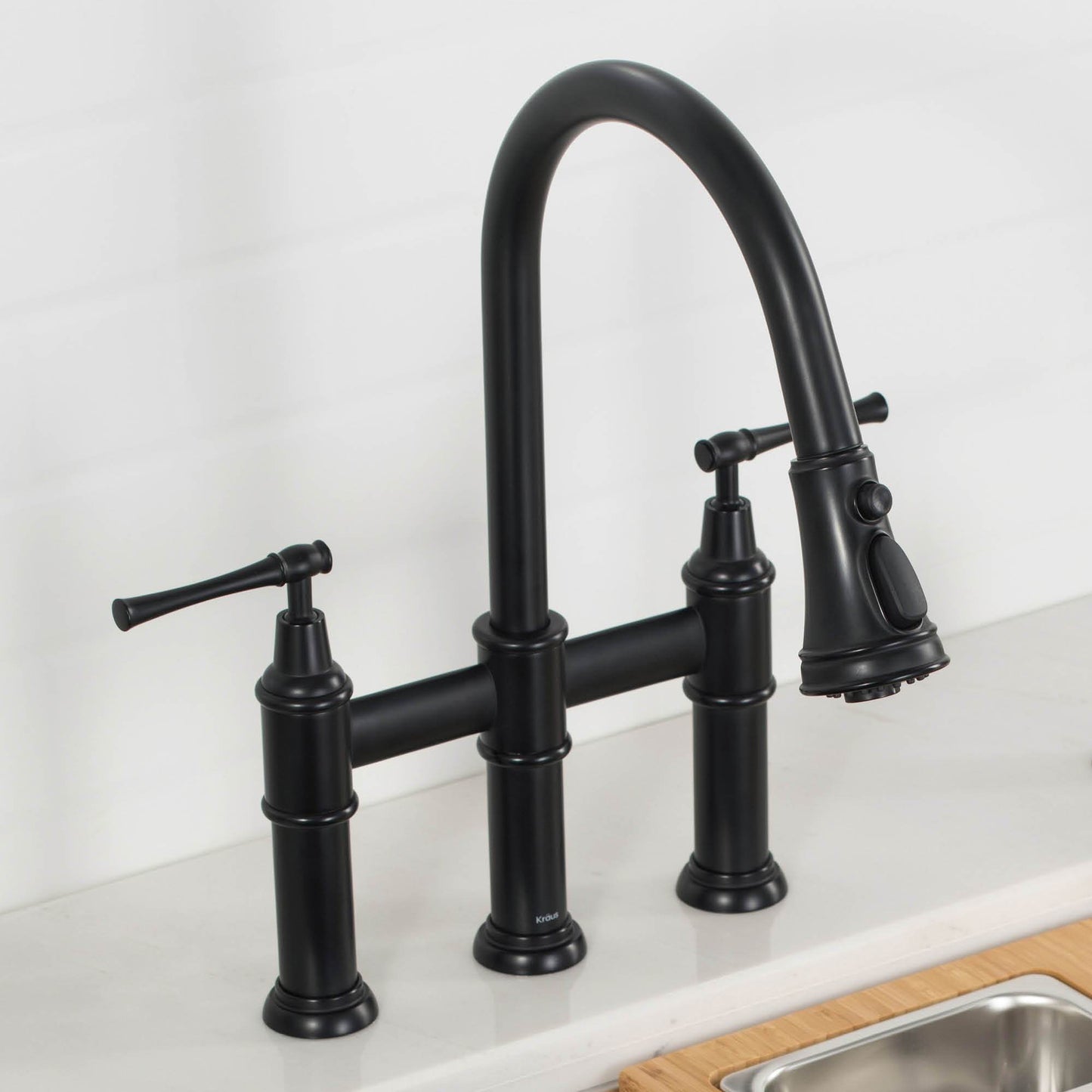 KRAUS Allyn Bridge Faucet with Pull-Down Sprayhead in Matte Black - KPF-3121MB