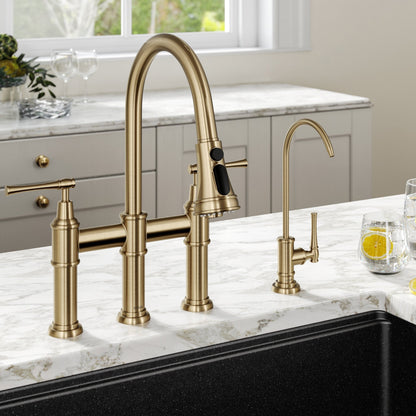 KRAUS Allyn Transitional Bridge Kitchen Faucet & Water Filter Faucet in Brushed Gold - KPF-3121-FF-102BG