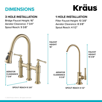 KRAUS Allyn Transitional Bridge Kitchen Faucet & Water Filter Faucet in Brushed Gold - KPF-3121-FF-102BG