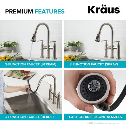 KRAUS Allyn Transitional Bridge Kitchen Faucet & Water Filter Faucet in Brushed Gold - KPF-3121-FF-102BG