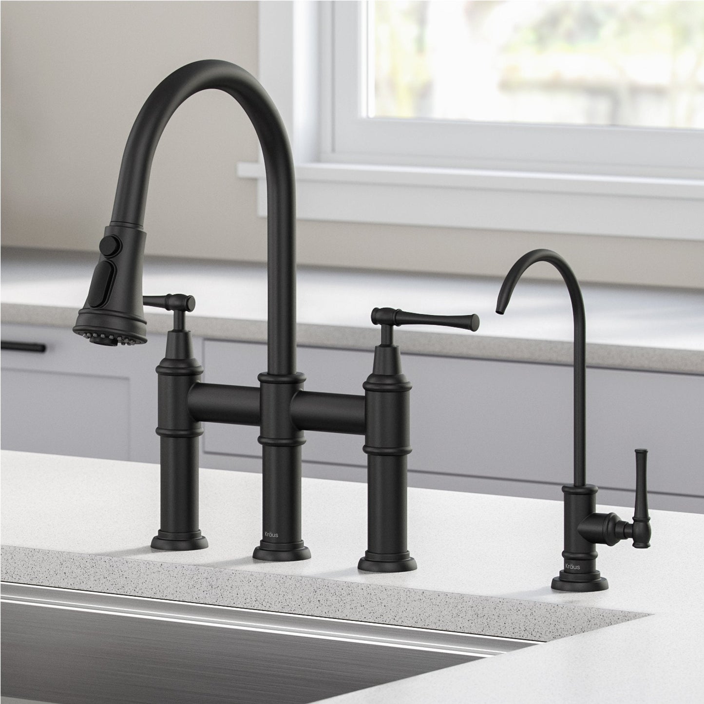 KRAUS Allyn Transitional Bridge Kitchen Faucet & Water Filter Faucet in Matte Black - KPF-3121-FF-102MB