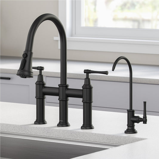 KRAUS Allyn Transitional Bridge Kitchen Faucet & Water Filter Faucet in Matte Black - KPF-3121-FF-102MB