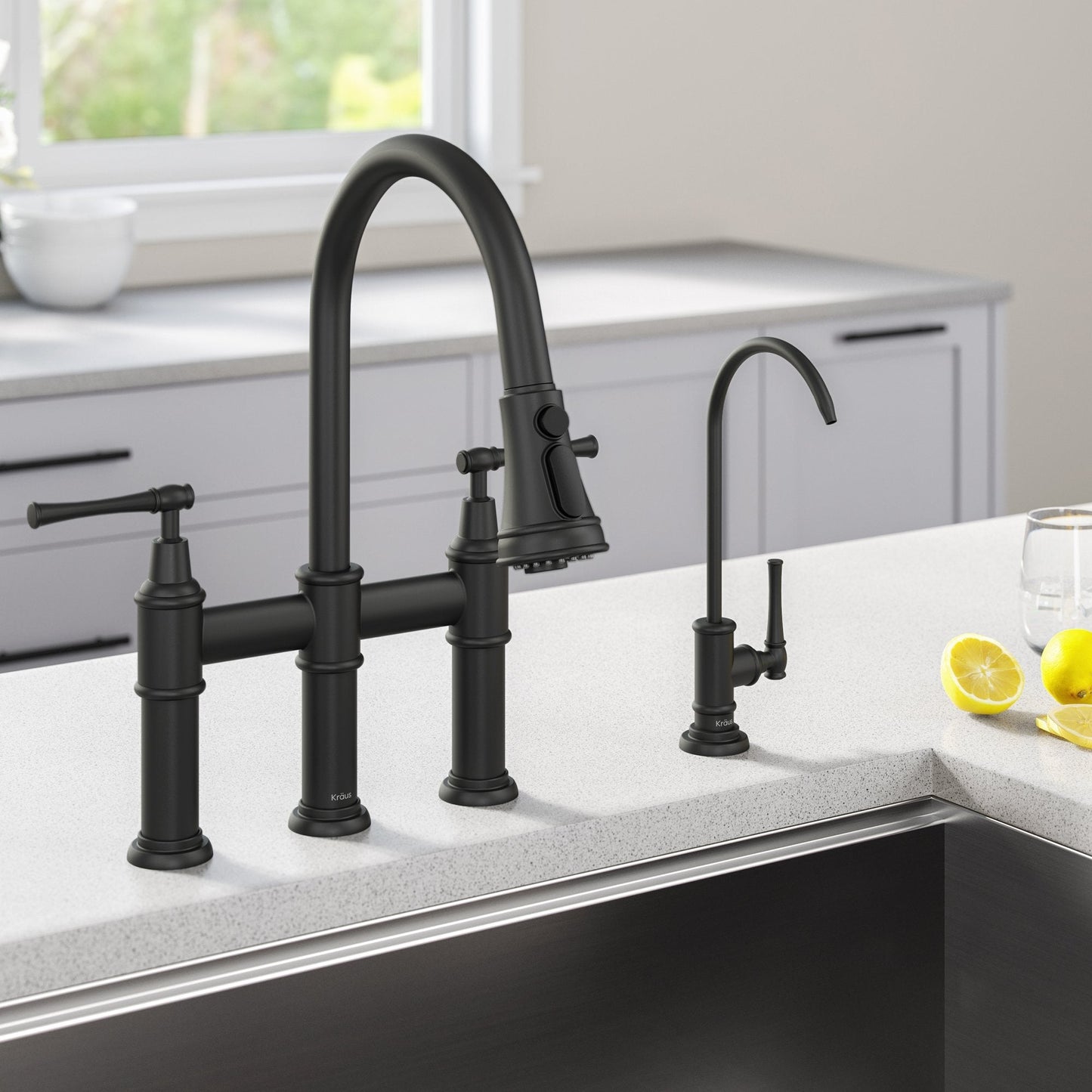 KRAUS Allyn Transitional Bridge Kitchen Faucet & Water Filter Faucet in Matte Black - KPF-3121-FF-102MB