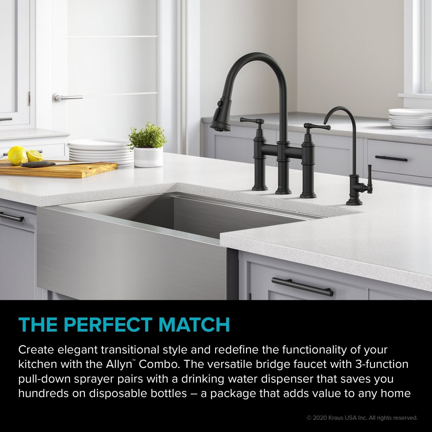 KRAUS Allyn Transitional Bridge Kitchen Faucet & Water Filter Faucet in Matte Black - KPF-3121-FF-102MB