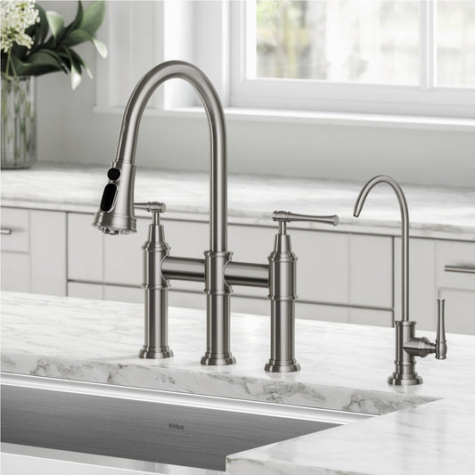 KRAUS Allyn Transitional Bridge Kitchen Faucet & Water Filter Faucet in Spot Free Stainless Steel - KPF-3121-FF-102SFS
