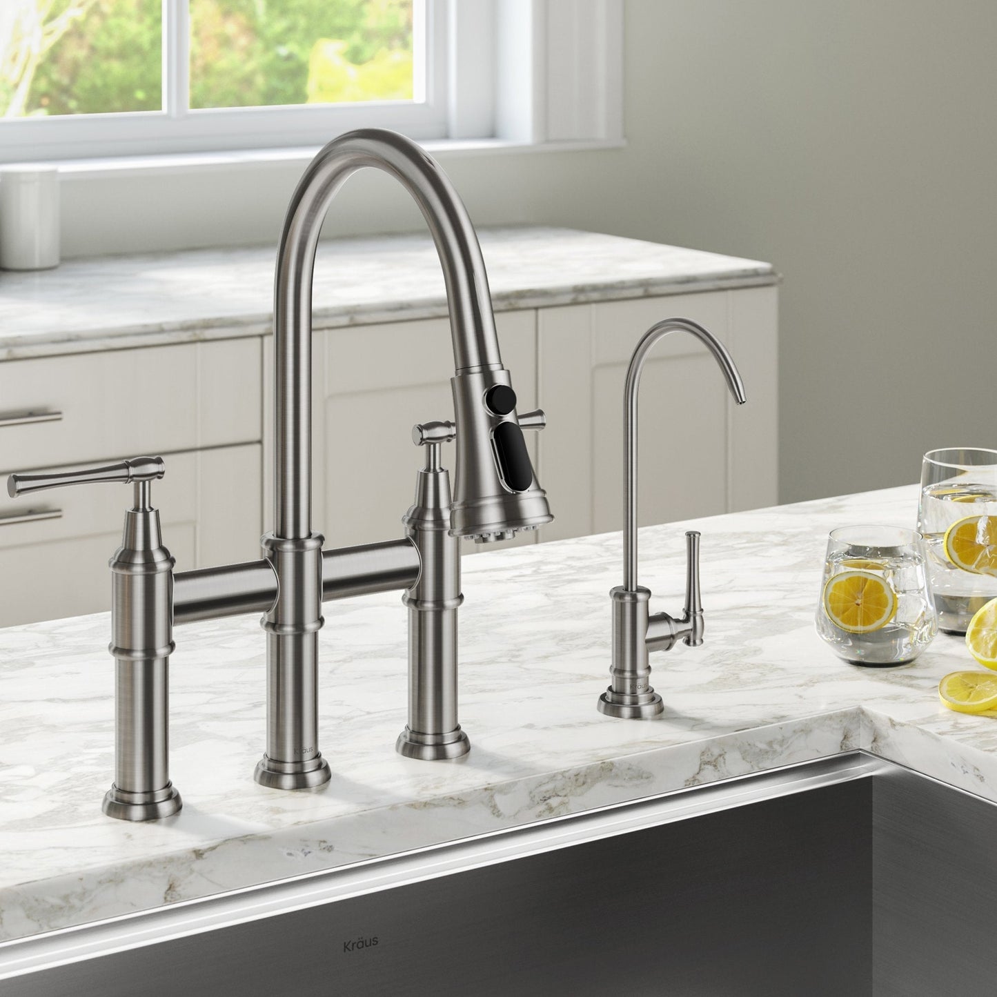 KRAUS Allyn Transitional Bridge Kitchen Faucet & Water Filter Faucet in Spot Free Stainless Steel - KPF-3121-FF-102SFS