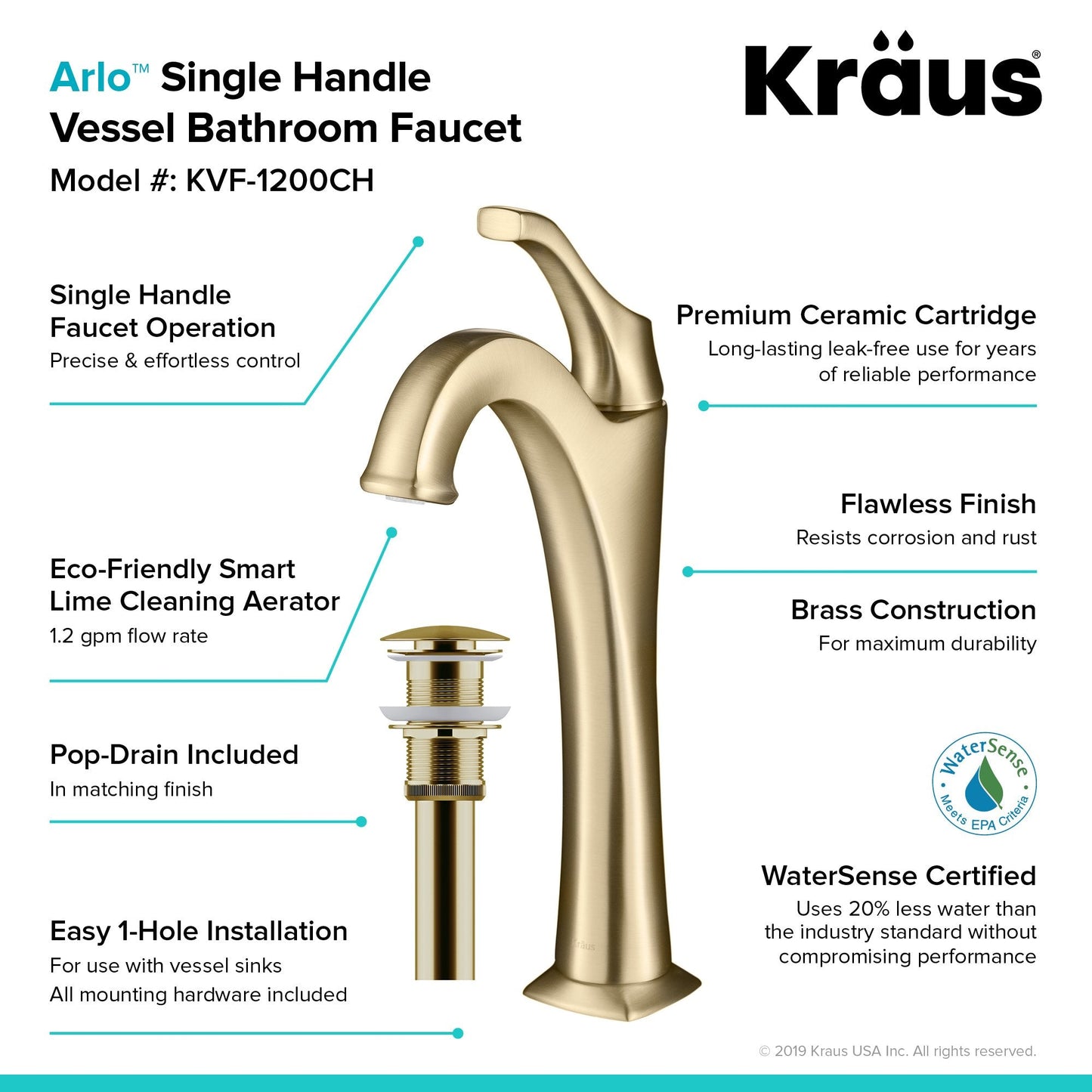 KRAUS Arlo 2-Pack Single Handle Vessel Bathroom Faucet with Pop Up Drain in Brushed Gold - KVF-1200BG-2PK