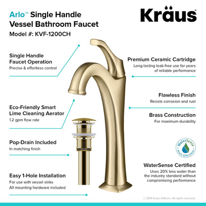 KRAUS Arlo 2-Pack Single Handle Vessel Bathroom Faucet with Pop Up Drain in Brushed Gold - KVF-1200BG-2PK