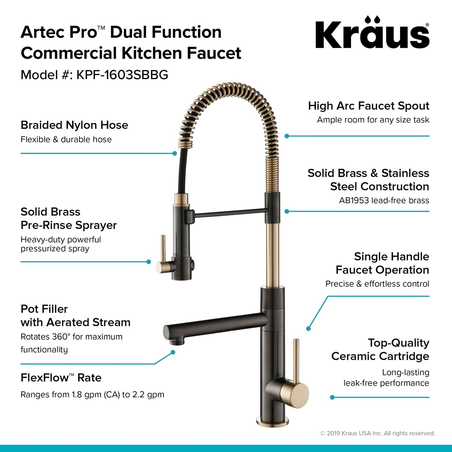 KRAUS Artec Pro 2-Function Commercial Style Pre-Rinse Kitchen Faucet in Black Stainless/Brushed Gold - KPF-1603SBBG