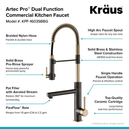 KRAUS Artec Pro 2-Function Commercial Style Pre-Rinse Kitchen Faucet in Black Stainless/Brushed Gold - KPF-1603SBBG