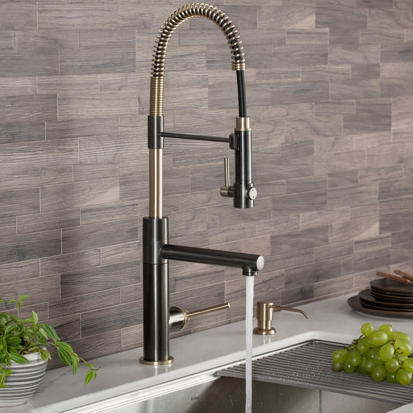 KRAUS Artec Pro 2-Function Commercial Style Pre-Rinse Kitchen Faucet in Black Stainless/Brushed Gold - KPF-1603SBBG