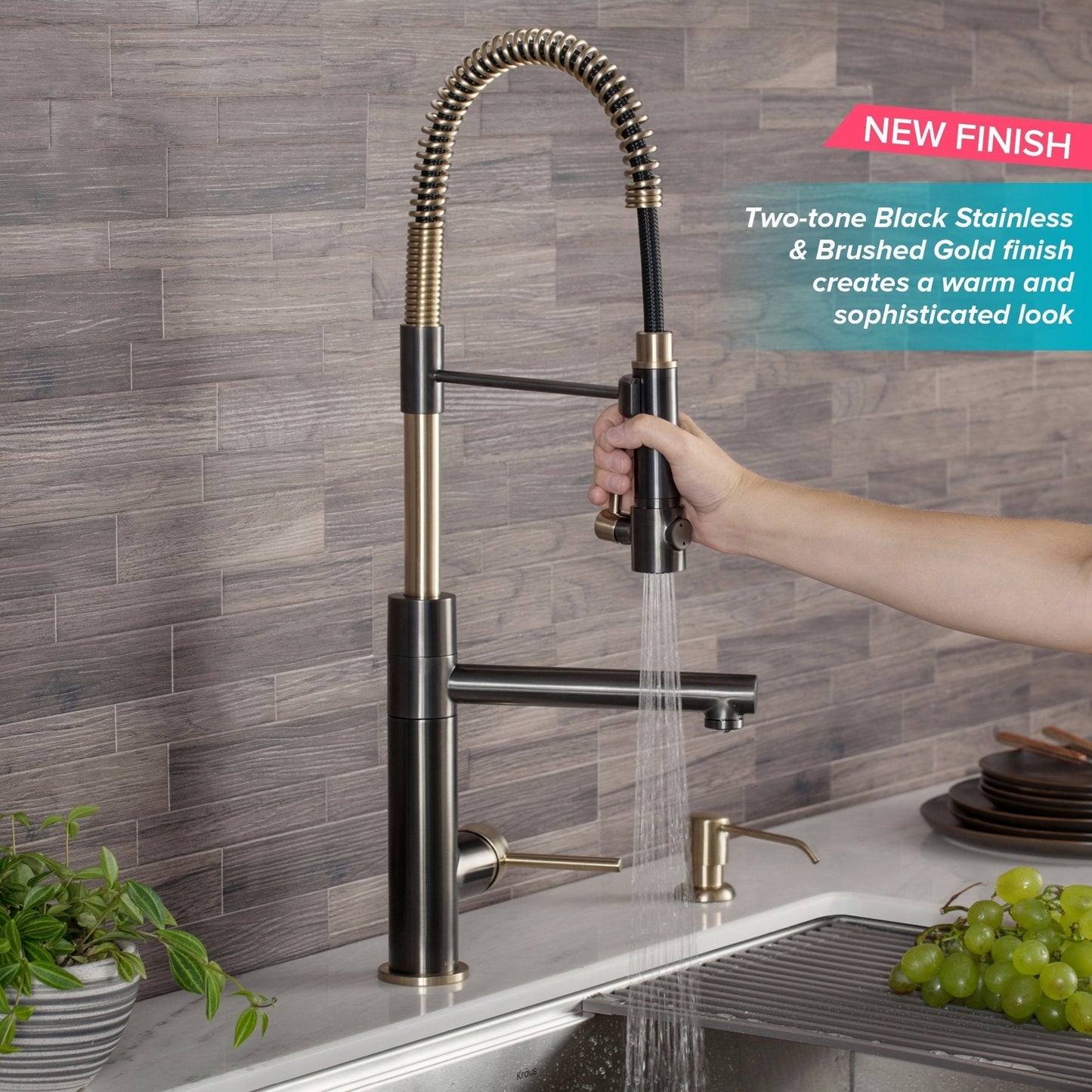 KRAUS Artec Pro 2-Function Commercial Style Pre-Rinse Kitchen Faucet in Black Stainless/Brushed Gold - KPF-1603SBBG