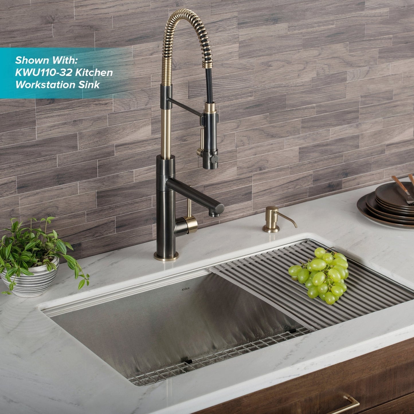 KRAUS Artec Pro 2-Function Commercial Style Pre-Rinse Kitchen Faucet in Black Stainless/Brushed Gold - KPF-1603SBBG