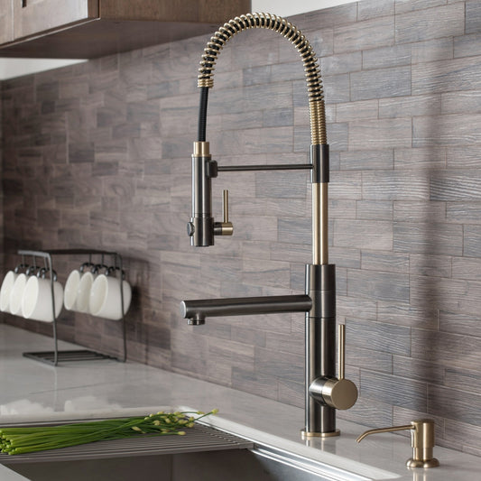 KRAUS Artec Pro 2-Function Commercial Style Pre-Rinse Kitchen Faucet in Black Stainless/Brushed Gold - KPF-1603SBBG