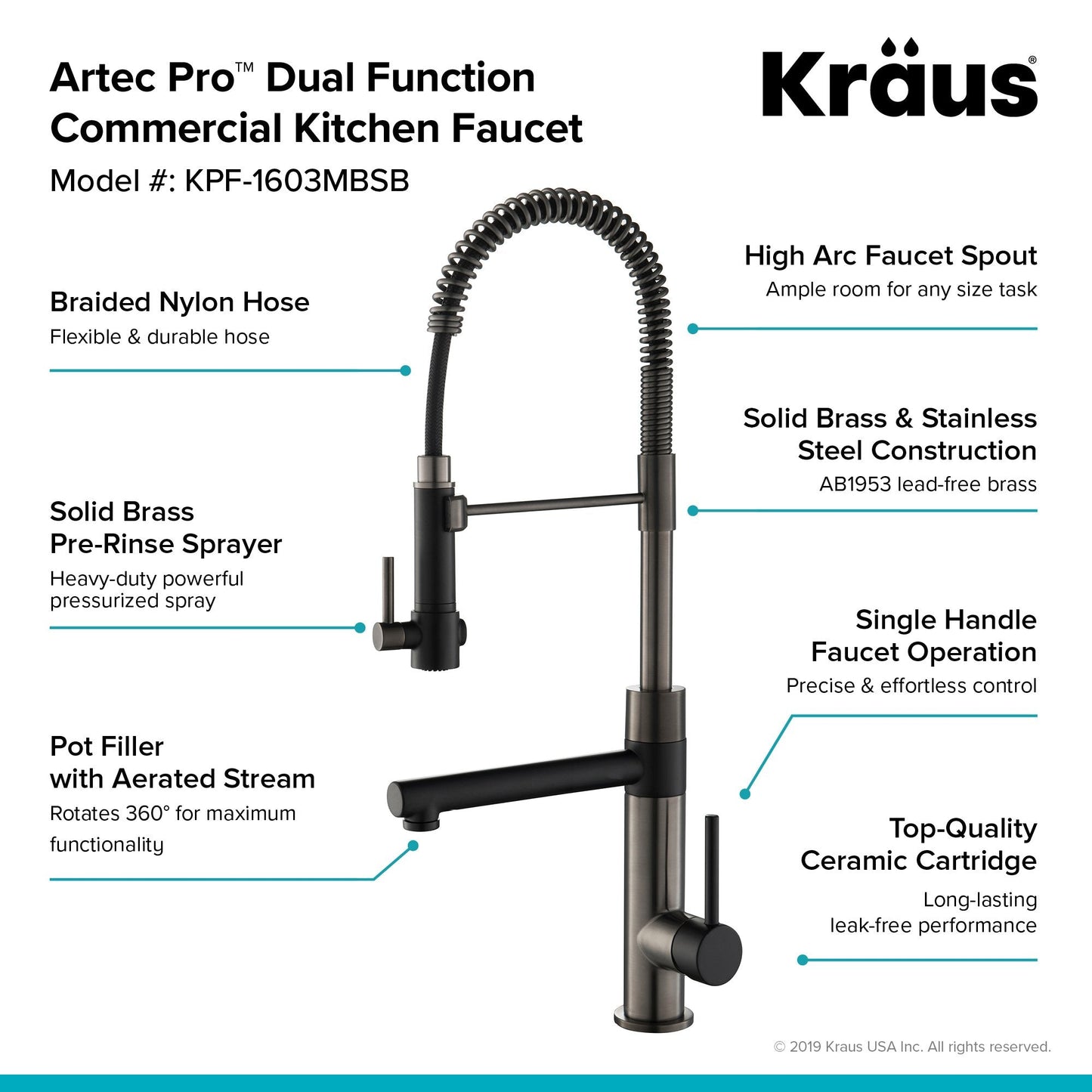 KRAUS Artec Pro 2-Function Commercial Style Pre-Rinse Kitchen Faucet in Matte Black/Black Stainless - KPF-1603MBSB