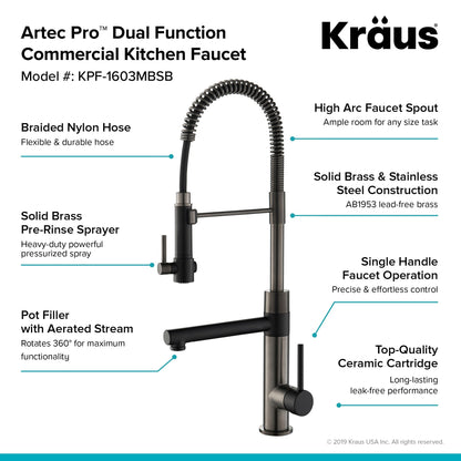 KRAUS Artec Pro 2-Function Commercial Style Pre-Rinse Kitchen Faucet in Matte Black/Black Stainless - KPF-1603MBSB