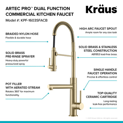 KRAUS Artec Pro 2-Function Commercial Style Pre-Rinse Kitchen Faucet in Spot Free Antique Champagne Bronze with Soap Dispenser - KPF-1603-KSD-53SFACB