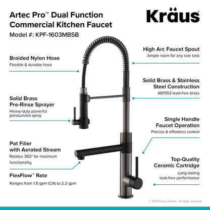KRAUS Artec Pro 2-Function Commercial Style Pre-Rinse Kitchen Faucet with Matching Deck Plate in Matte Black/Black Stainless - KPF-1603MBSB-DP03SB