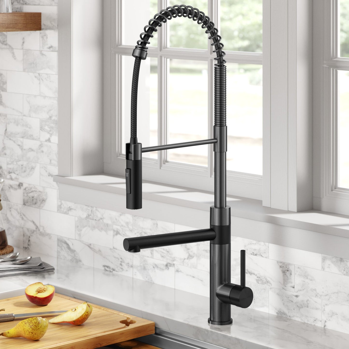 KRAUS Artec Pro Commercial Style Single Handle Kitchen Faucet with Pot Filler in Matte Black / Spot Free Black Stainless Steel - KPF-1604MBSFSB
