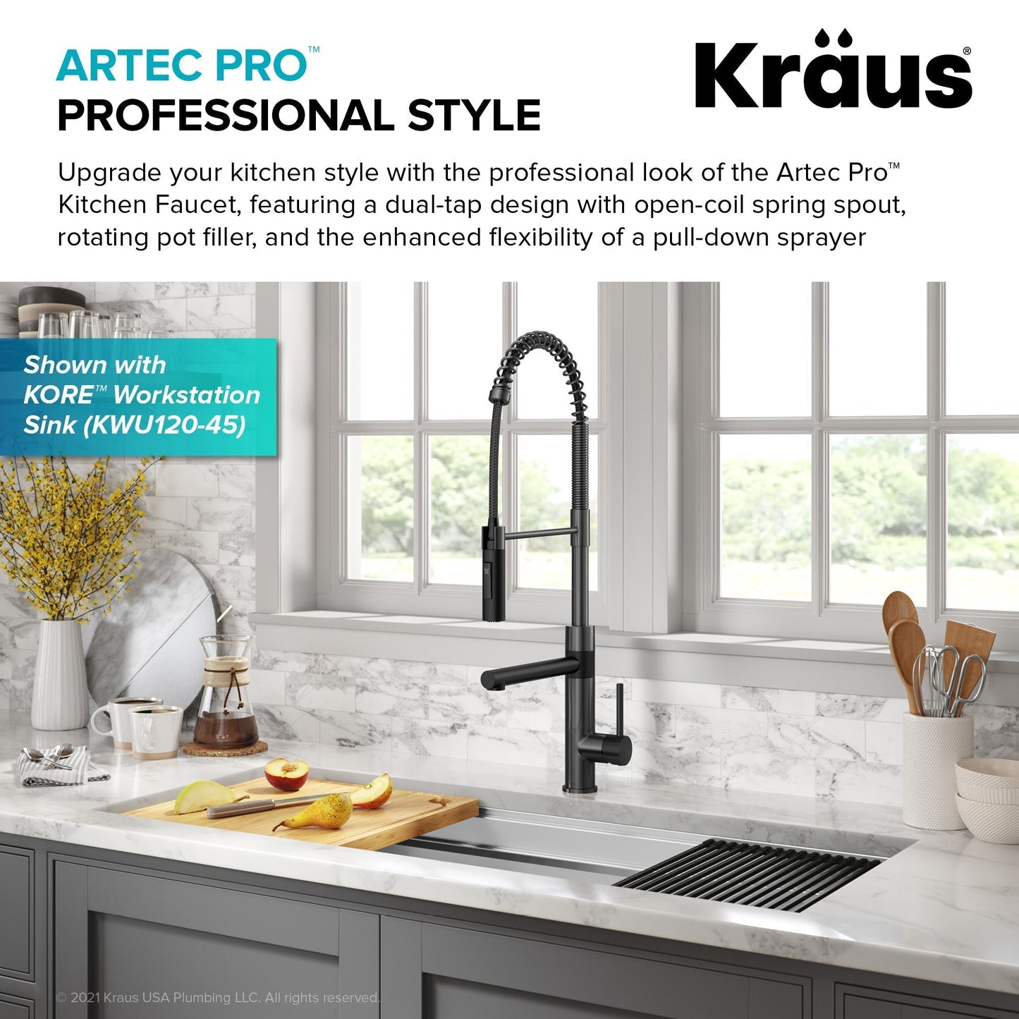 KRAUS Artec Pro Commercial Style Single Handle Kitchen Faucet with Pot Filler in Matte Black / Spot Free Black Stainless Steel - KPF-1604MBSFSB