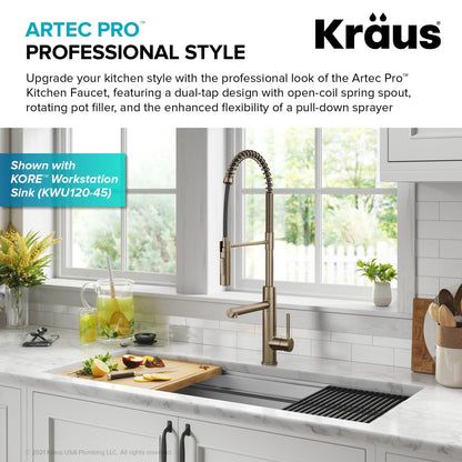 KRAUS Artec Pro Commercial Style Single Handle Kitchen Faucet with Pot Filler in Spot Free Antique Champagne Bronze - KPF-1604SFACB